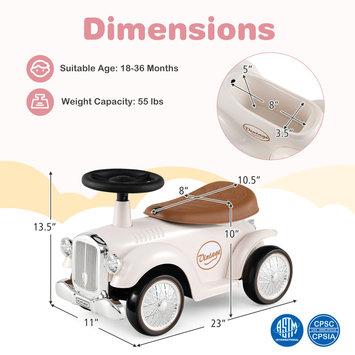 Kids Sit to Stand Vehicle with Working Steering Wheel and Under Seat Storage