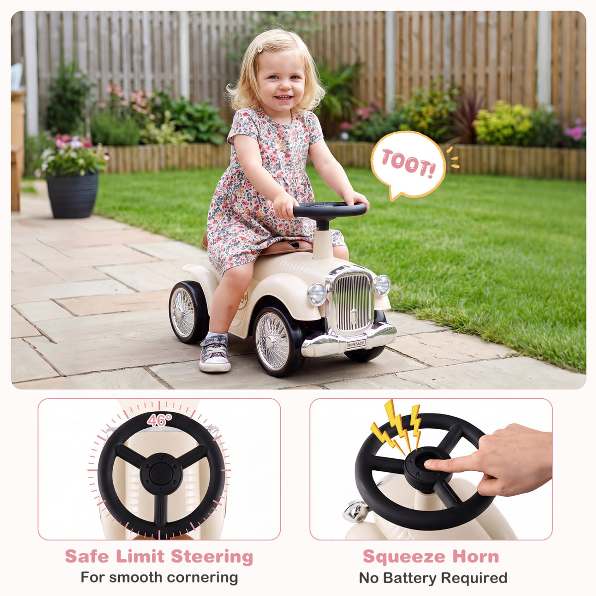 Kids Sit to Stand Vehicle with Working Steering Wheel and Under Seat Storage