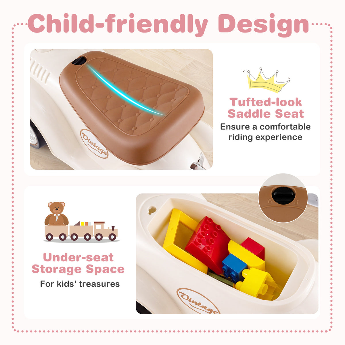 Kids Sit to Stand Vehicle with Working Steering Wheel and Under Seat Storage