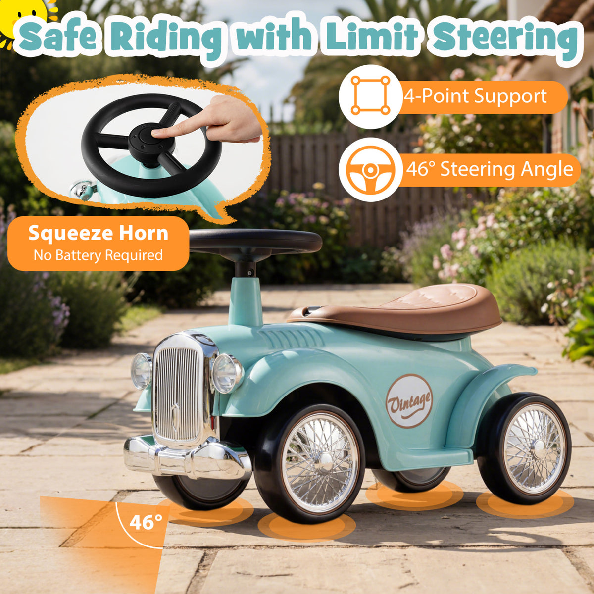 Kids Sit to Stand Vehicle with Working Steering Wheel and Under Seat Storage