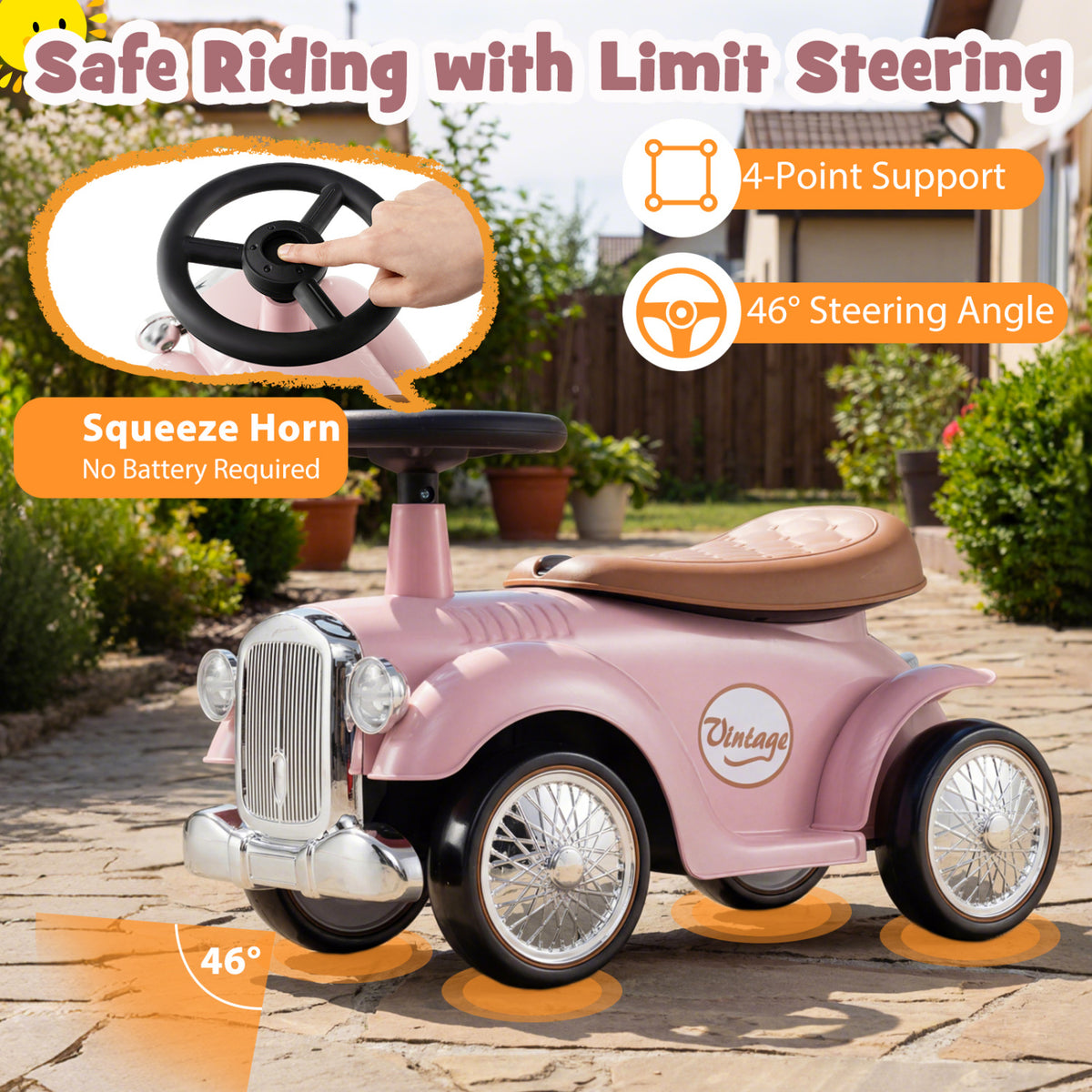 Kids Sit to Stand Vehicle with Working Steering Wheel and Under Seat Storage