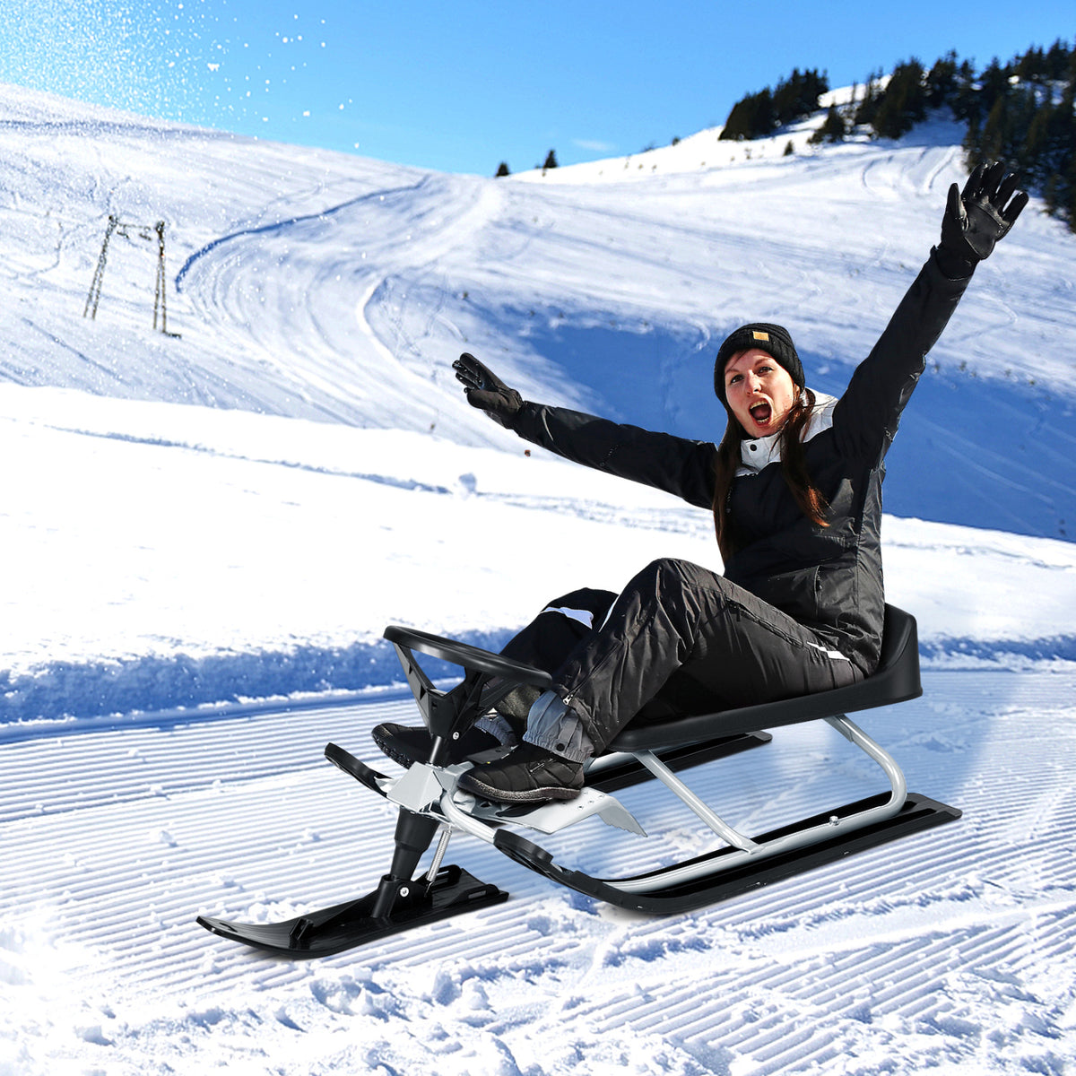 Kids Snow Racer Sled with Steering Wheel, Double Brakes - Black-Winter Sports Equipment-DECOROLALA