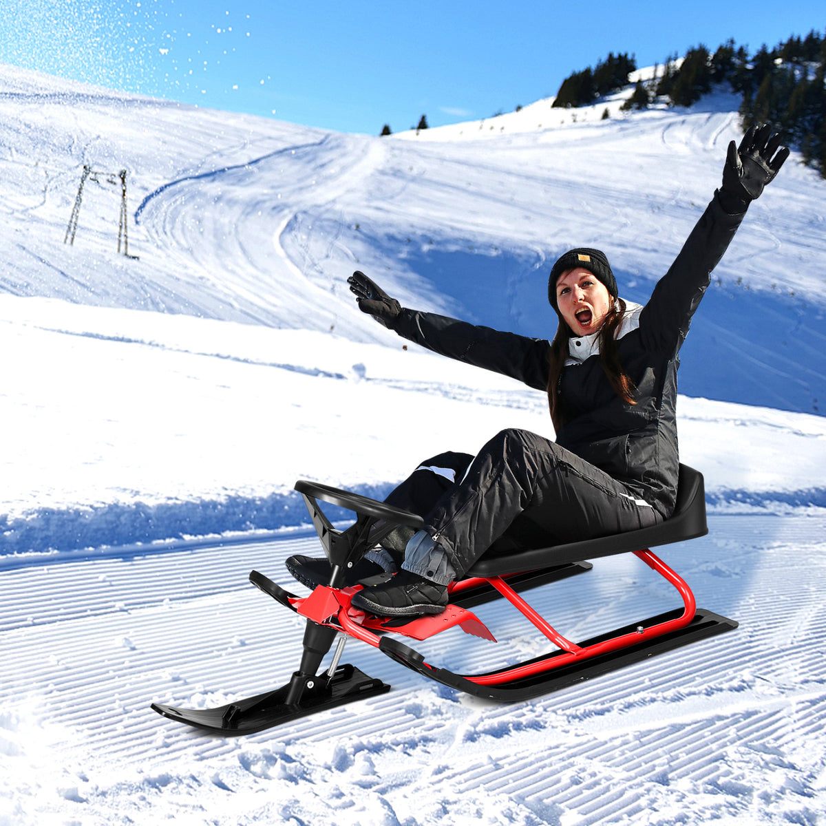 Kids Snow Sled with Steering Wheel and Brakes - Red-Winter Sports Equipment-DECOROLALA