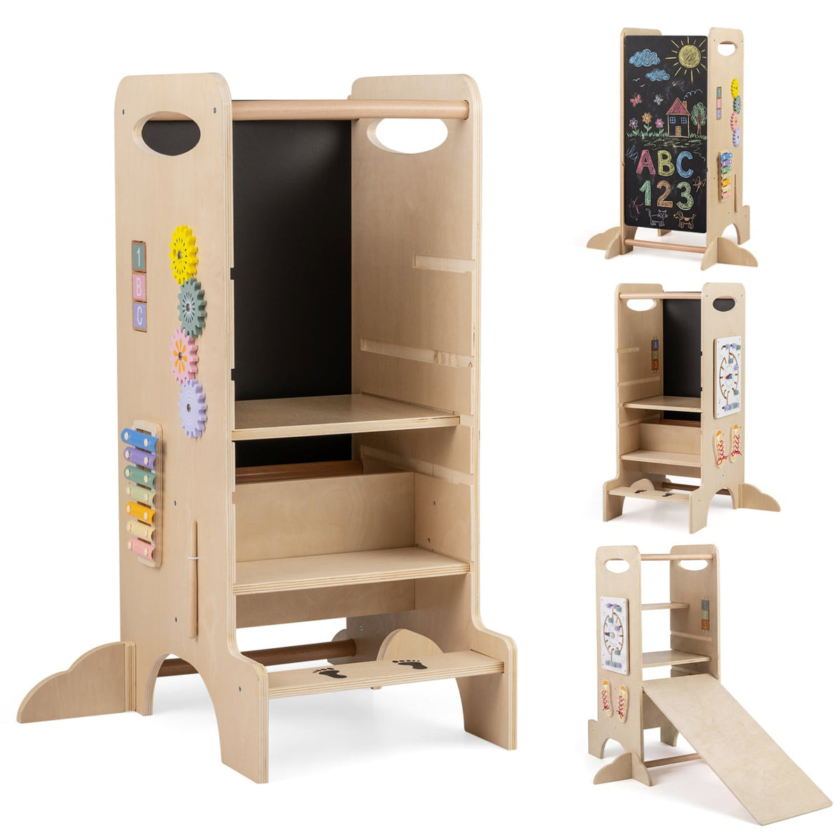 Kids Standing Tower with Detachable Chalkboard and Montessori Games for 3+ Years Old-Kids Furniture-DECOROLALA