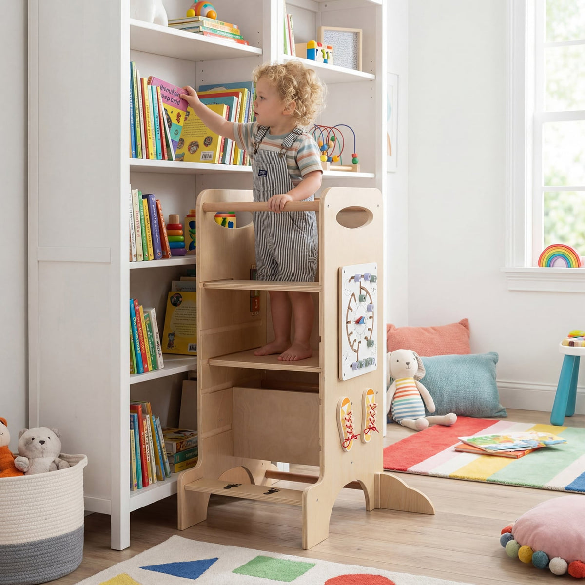 Kids Standing Tower with Detachable Chalkboard and Montessori Games for 3+ Years Old-Kids Furniture-DECOROLALA