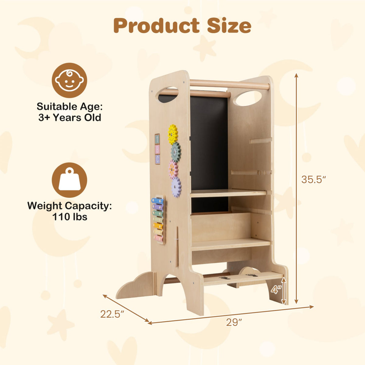 Kids Standing Tower with Detachable Chalkboard and Montessori Games for 3+ Years Old-Kids Furniture-DECOROLALA