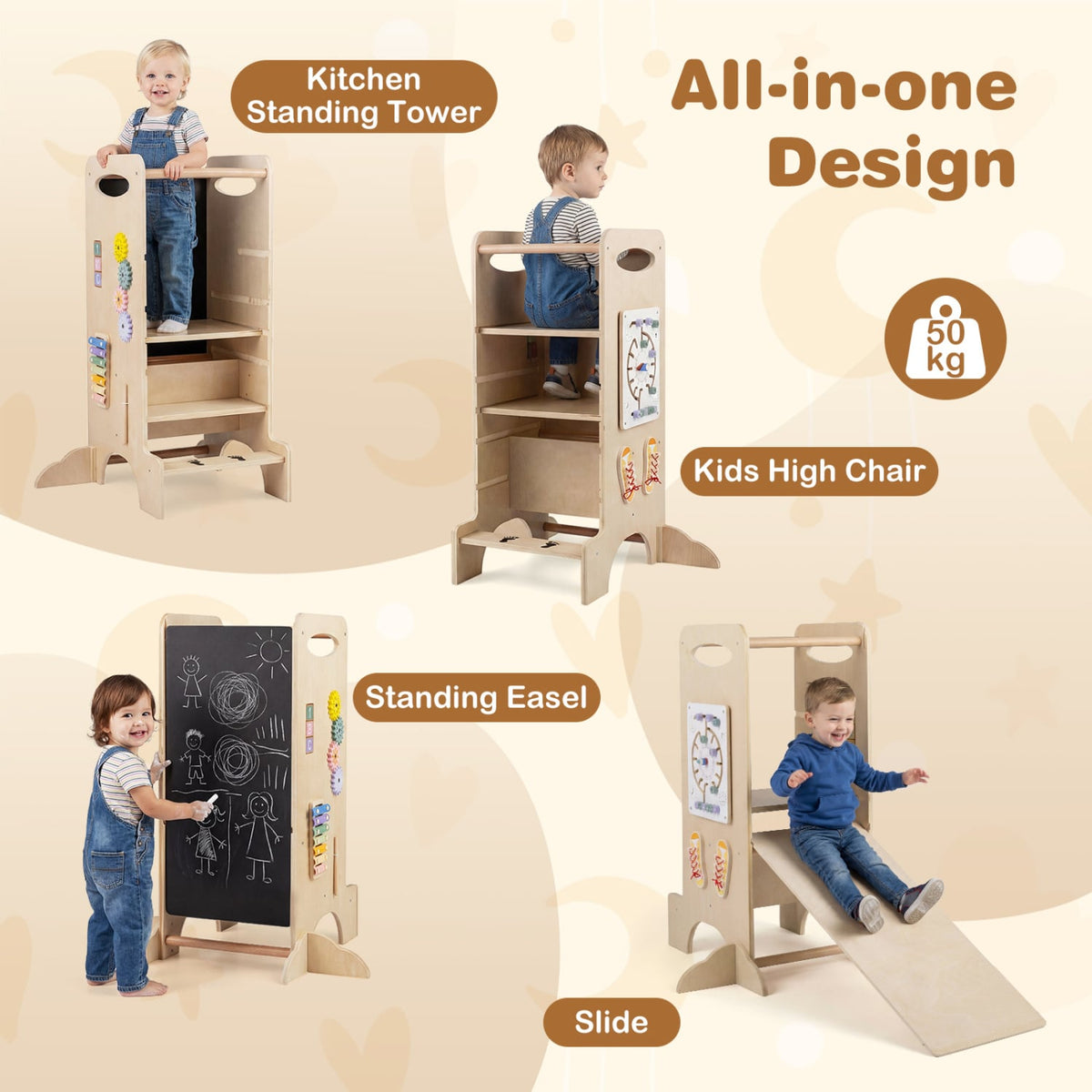 Kids Standing Tower with Detachable Chalkboard and Montessori Games for 3+ Years Old-Kids Furniture-DECOROLALA