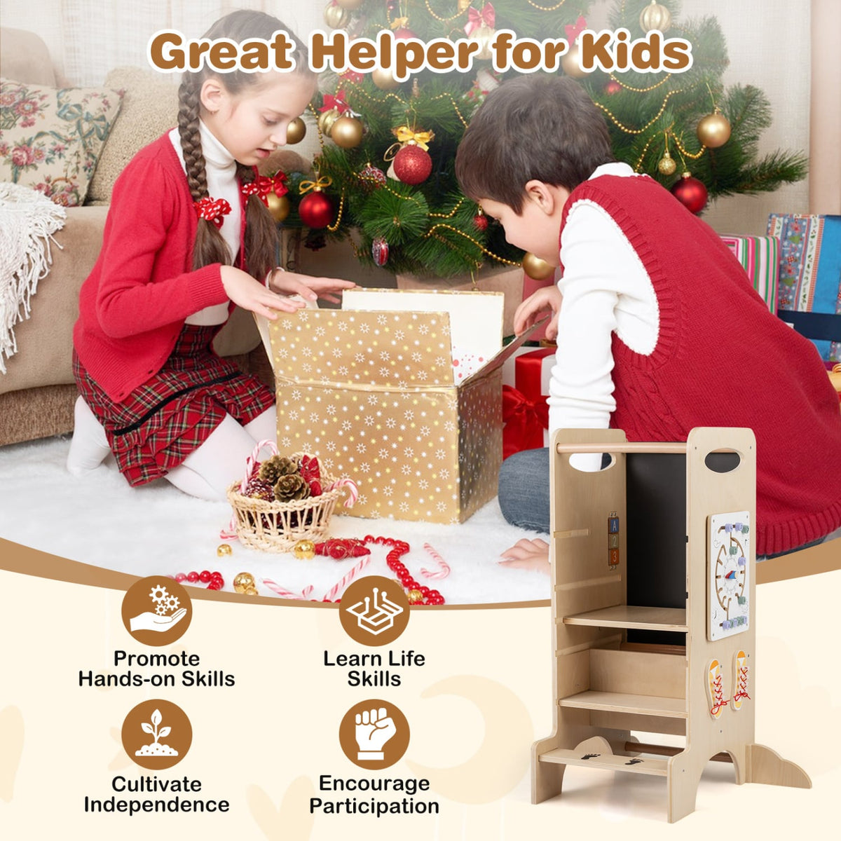 Kids Standing Tower with Detachable Chalkboard and Montessori Games for 3+ Years Old-Kids Furniture-DECOROLALA