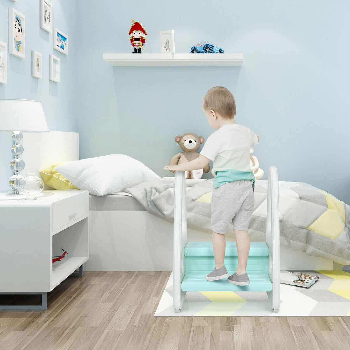 Kids Step Stool Learning Helper with Armrest for Kitchen Toilet Potty Training-Blue-Toddler & Kids Furniture-DECOROLALA