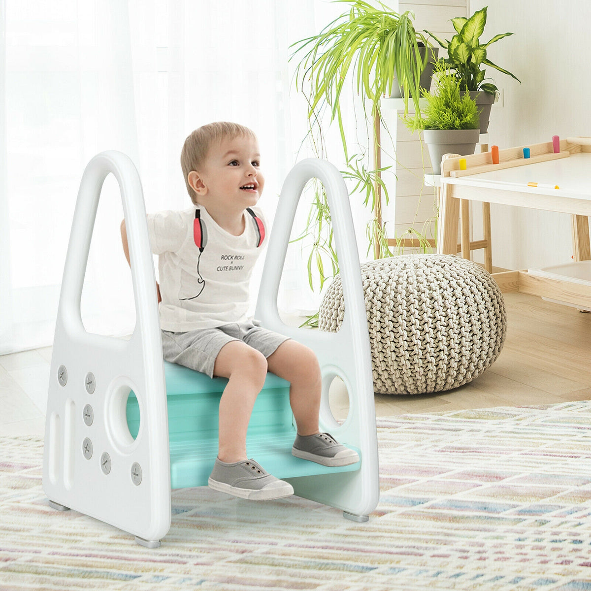 Kids Step Stool Learning Helper with Armrest for Kitchen Toilet Potty Training-Blue-Toddler & Kids Furniture-DECOROLALA