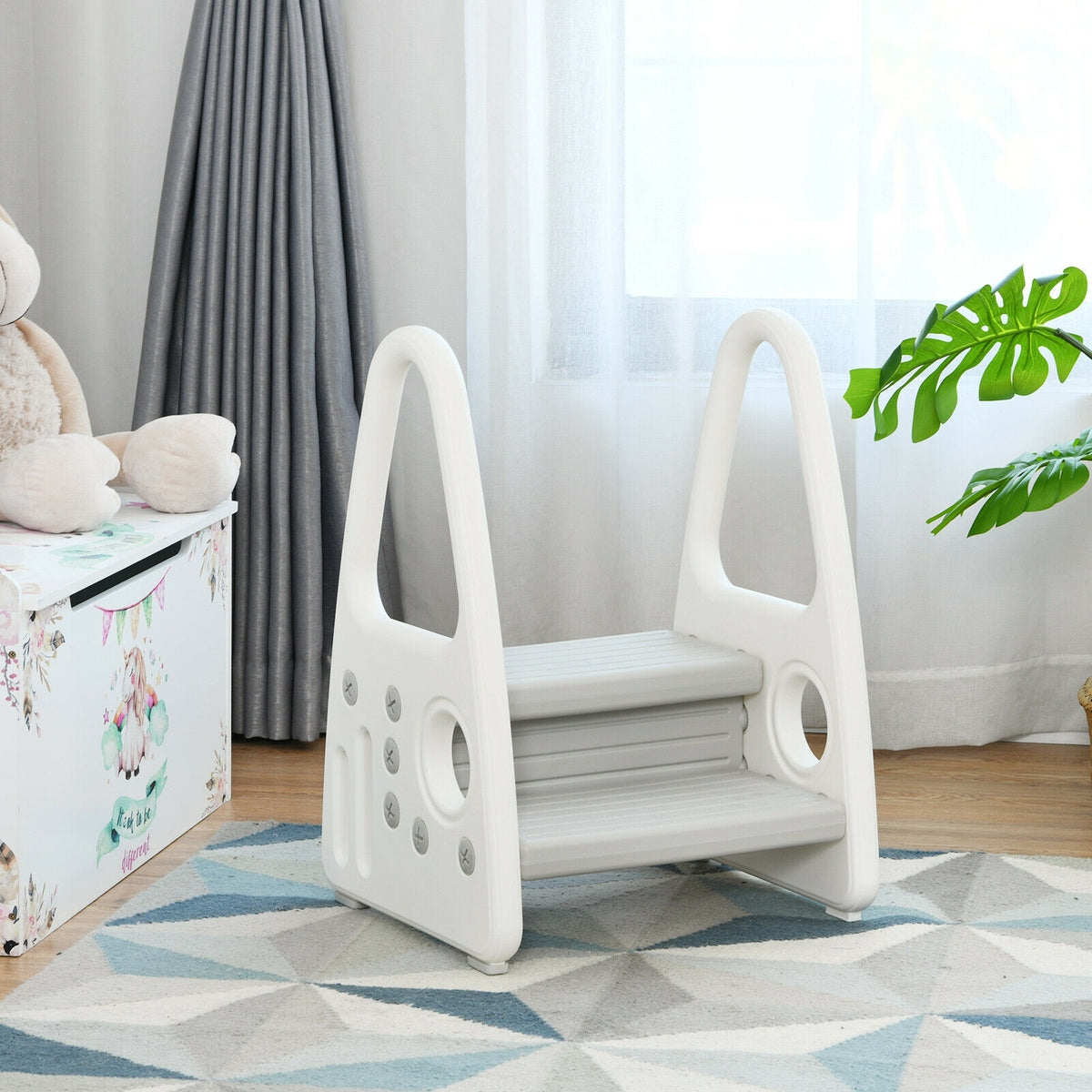 Kids Step Stool Learning Helper with Armrest for Kitchen Toilet Potty Training-Gray-Toddler & Kids Furniture-DECOROLALA