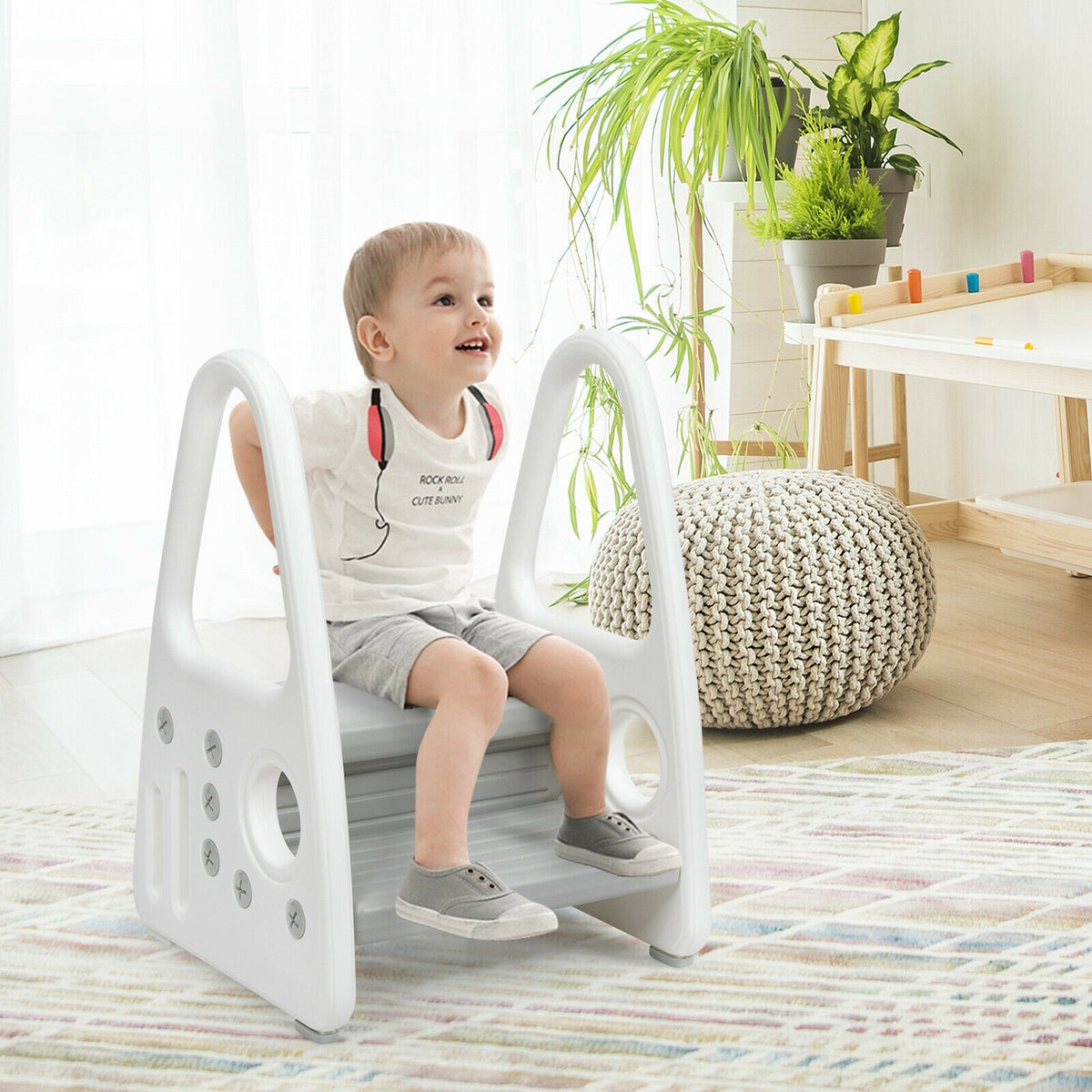 Kids Step Stool Learning Helper with Armrest for Kitchen Toilet Potty Training-Gray-Toddler & Kids Furniture-DECOROLALA