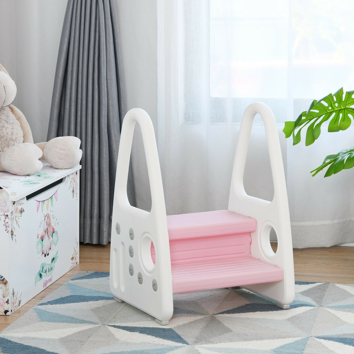 Kids Step Stool Learning Helper with Armrest for Kitchen Toilet Potty Training-Pink-Toddler & Kids Furniture-DECOROLALA