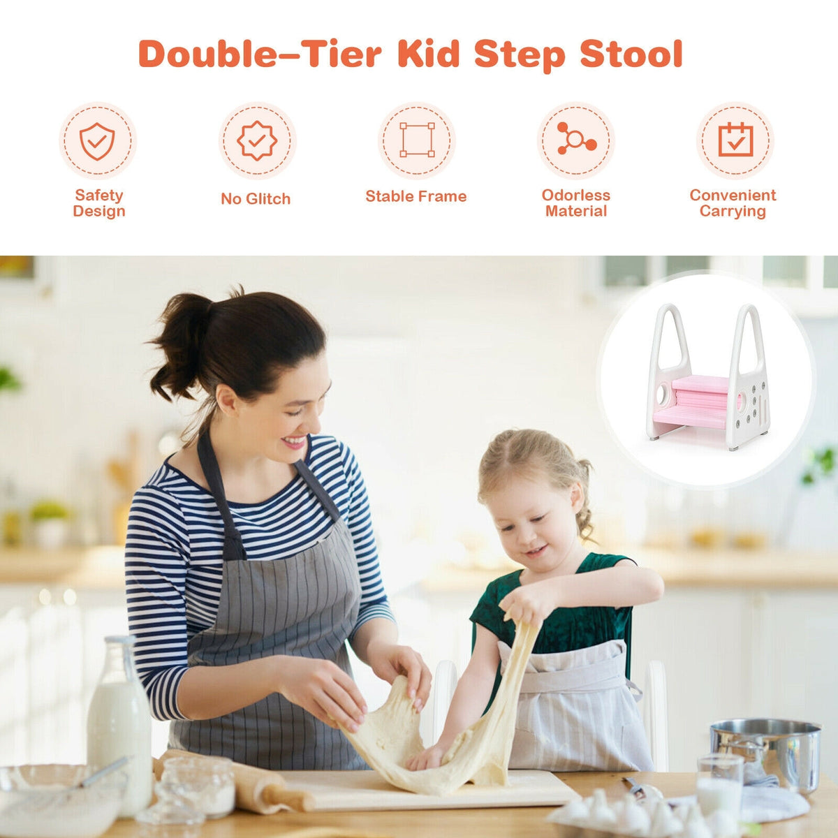 Kids Step Stool Learning Helper with Armrest for Kitchen Toilet Potty Training-Pink-Toddler & Kids Furniture-DECOROLALA