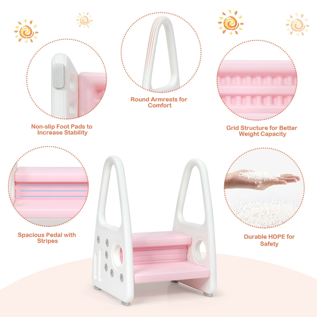 Kids Step Stool Learning Helper with Armrest for Kitchen Toilet Potty Training-Pink-Toddler & Kids Furniture-DECOROLALA