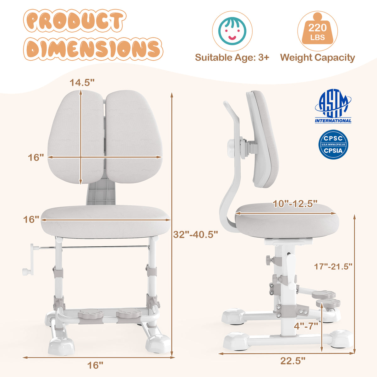 Kids Study Chair with Adjustable Double Backrest and Footrest-Gray-Kids Chairs-DECOROLALA