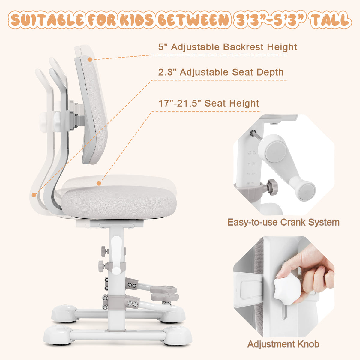Kids Study Chair with Adjustable Double Backrest and Footrest-Gray-Kids Chairs-DECOROLALA