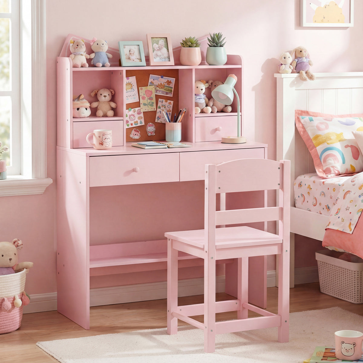 Kids Study Desk and Chair Set Student Writing Table with Chair Open Shelves Cork Bulletin Board-Pink-Kids Tables & Chair Sets-DECOROLALA