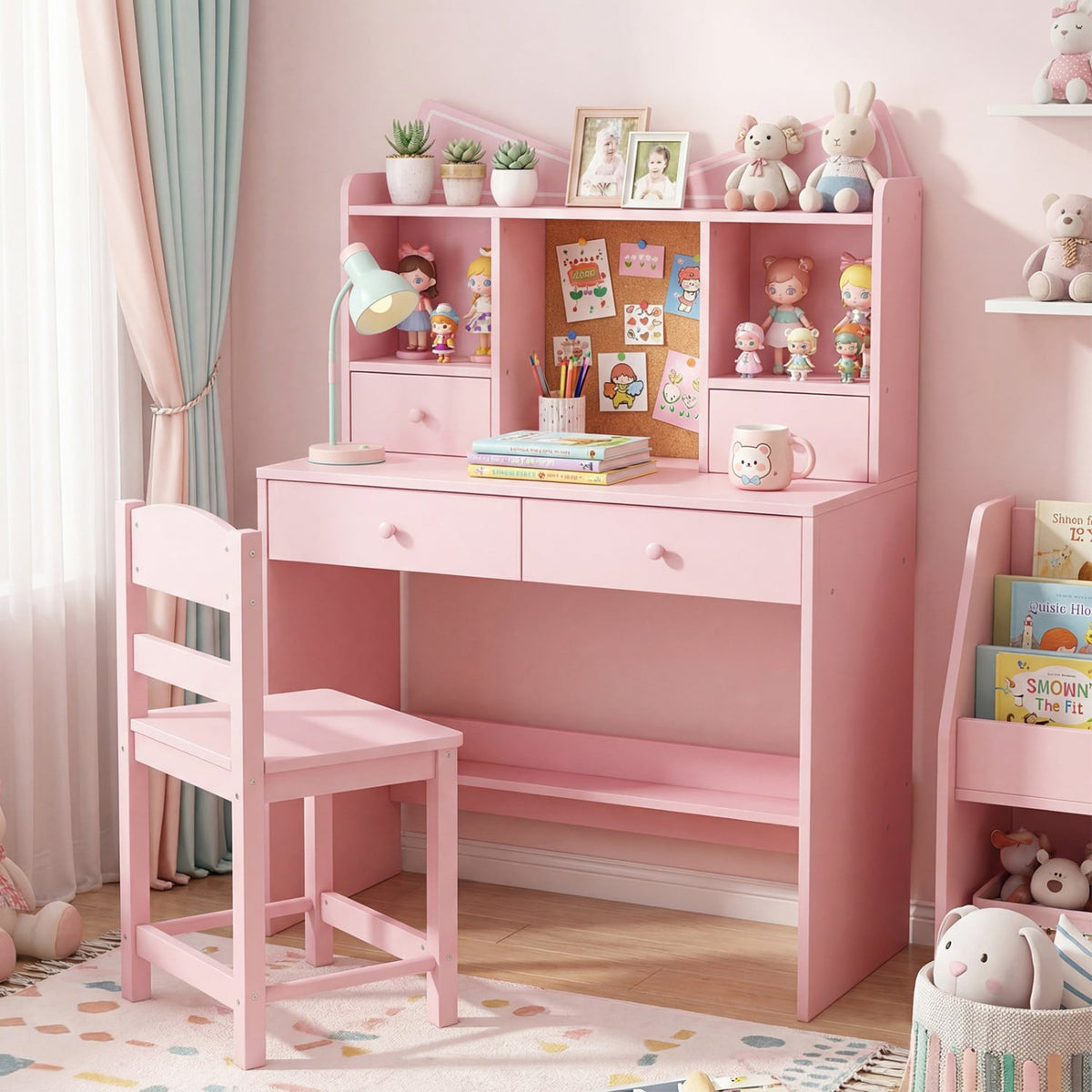 Kids Study Desk and Chair Set Student Writing Table with Chair Open Shelves Cork Bulletin Board-Pink-Kids Tables & Chair Sets-DECOROLALA