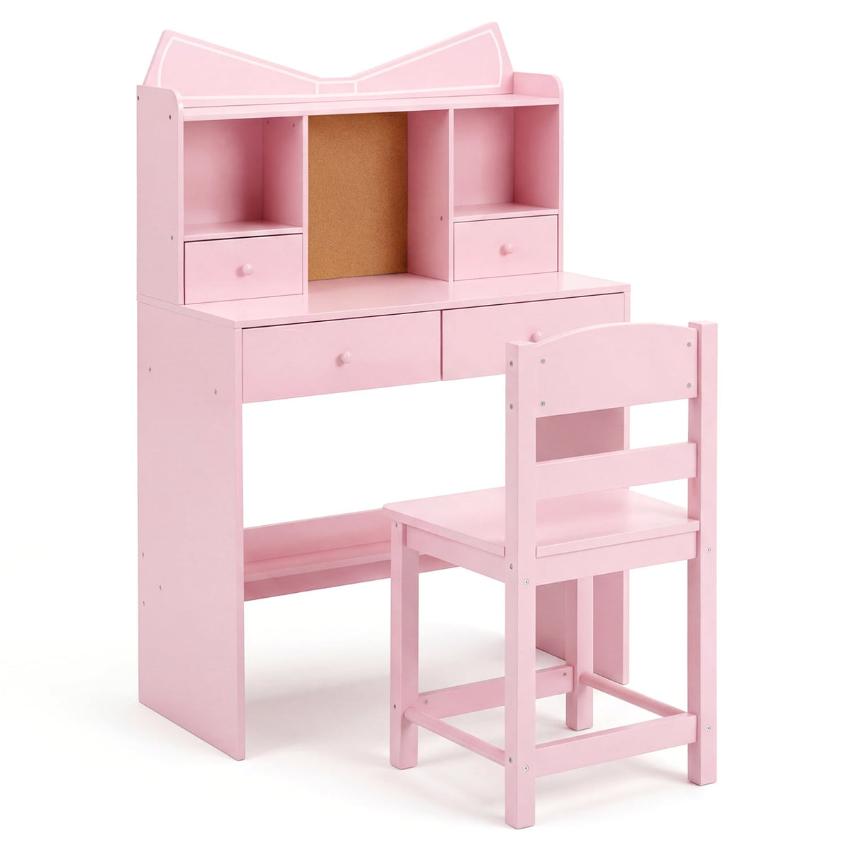 Kids Study Desk and Chair Set Student Writing Table with Chair Open Shelves Cork Bulletin Board-Pink-Kids Tables & Chair Sets-DECOROLALA