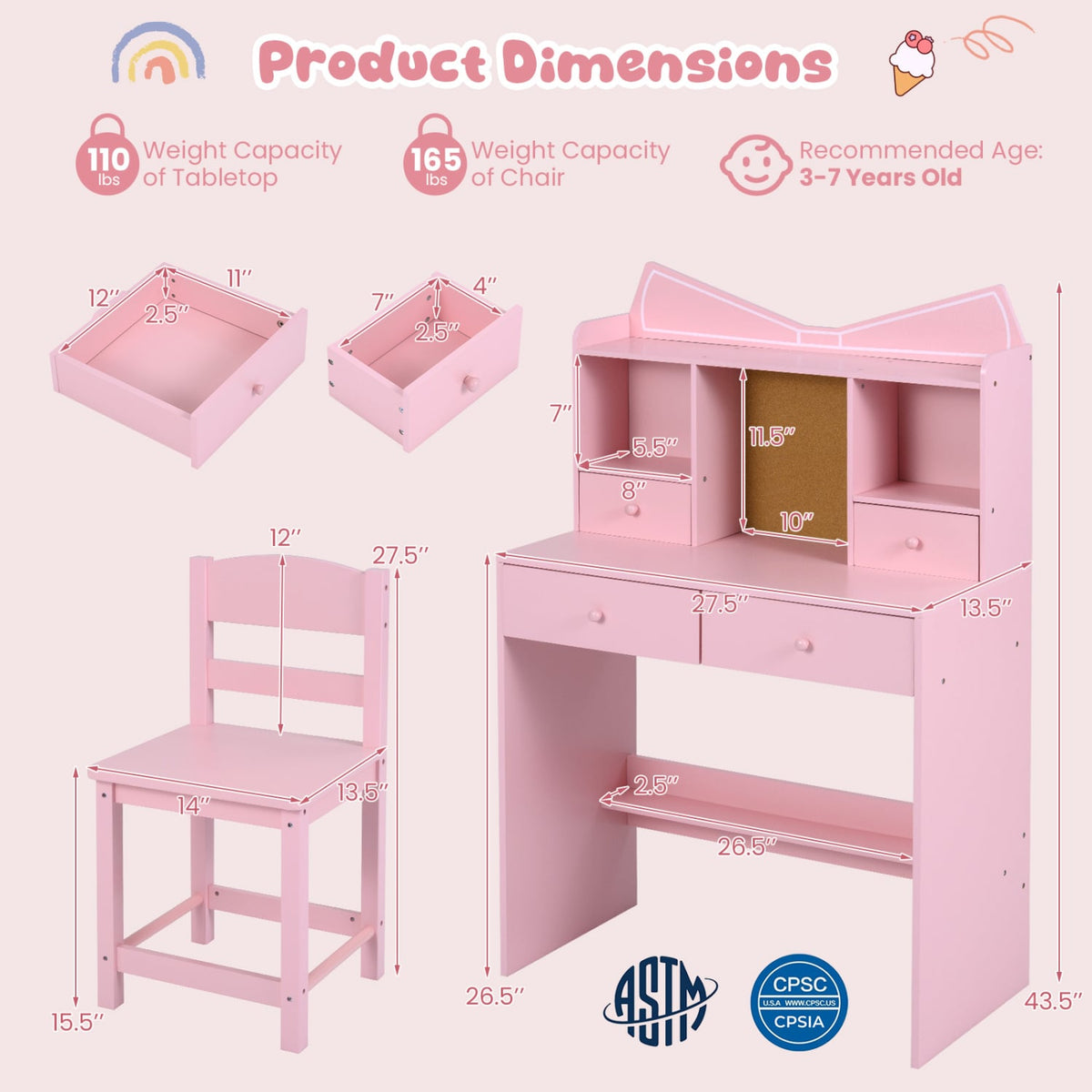 Kids Study Desk and Chair Set Student Writing Table with Chair Open Shelves Cork Bulletin Board-Pink-Kids Tables & Chair Sets-DECOROLALA