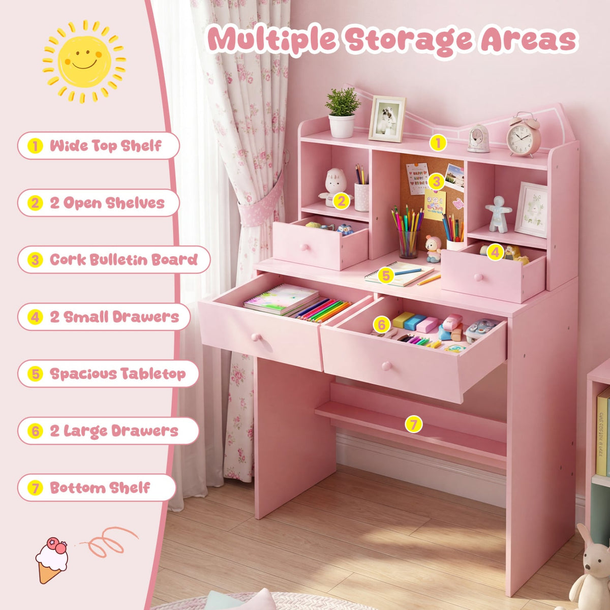 Kids Study Desk and Chair Set Student Writing Table with Chair Open Shelves Cork Bulletin Board-Pink-Kids Tables & Chair Sets-DECOROLALA