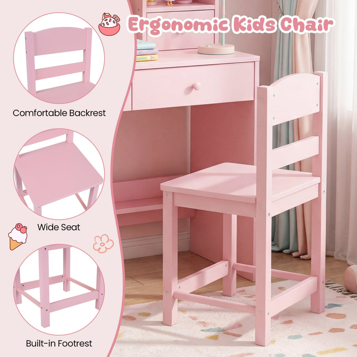 Kids Study Desk and Chair Set Student Writing Table with Chair Open Shelves Cork Bulletin Board-Pink-Kids Tables & Chair Sets-DECOROLALA