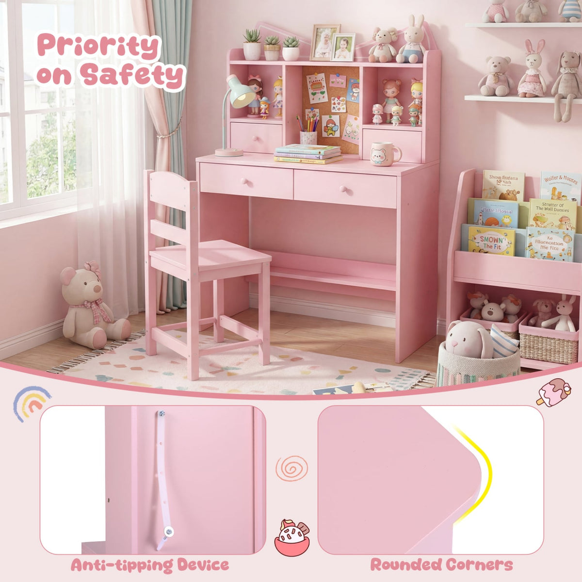 Kids Study Desk and Chair Set Student Writing Table with Chair Open Shelves Cork Bulletin Board-Pink-Kids Tables & Chair Sets-DECOROLALA