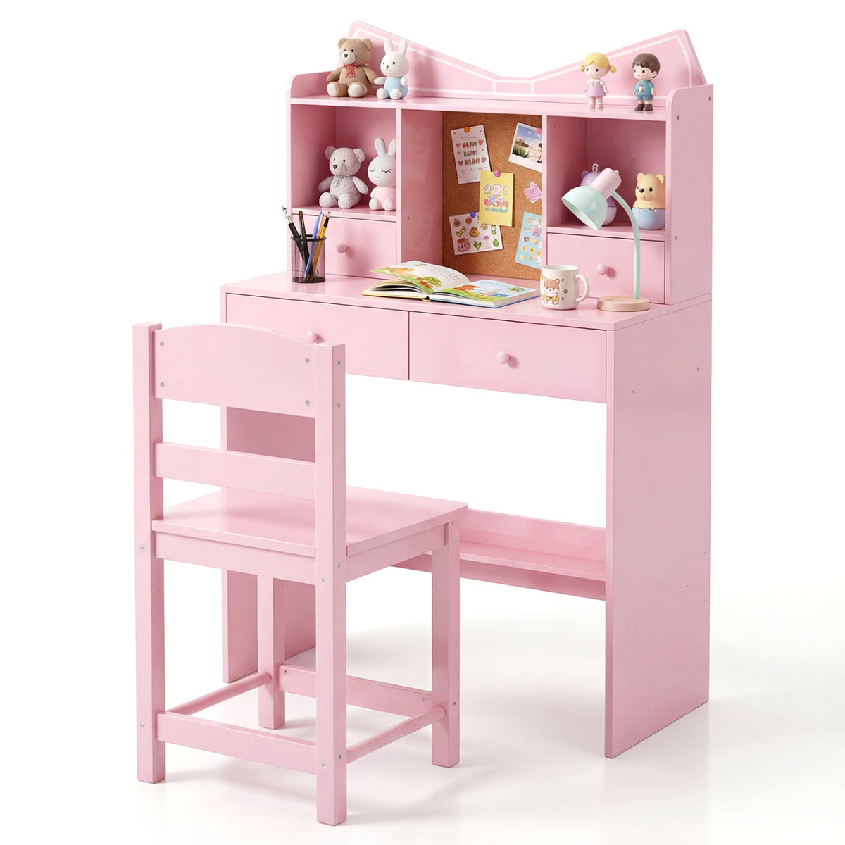 Kids Study Desk and Chair Set Student Writing Table with Chair Open Shelves Cork Bulletin Board-Pink-Kids Tables & Chair Sets-DECOROLALA