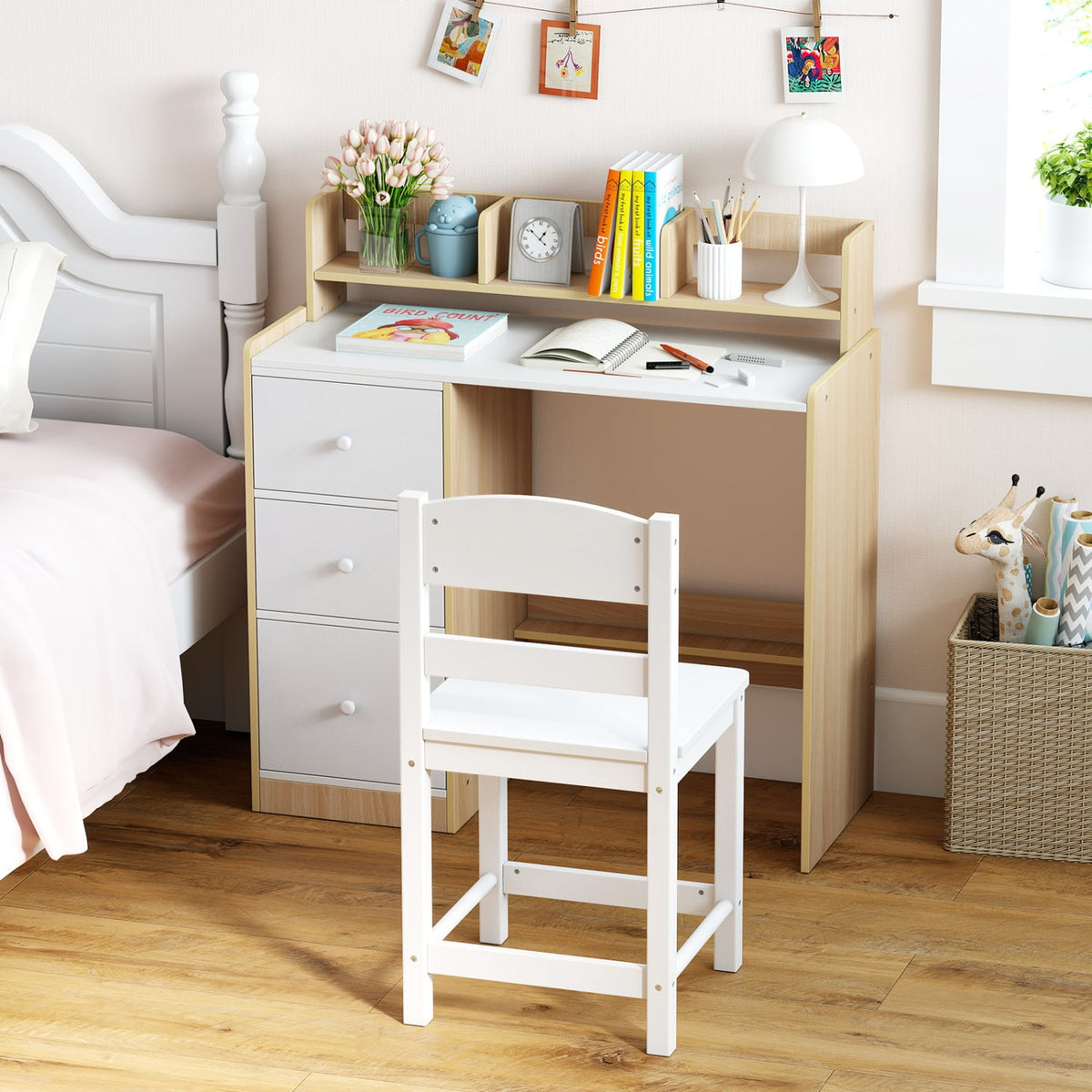 Kids Study Desk and Chair Set Wooden Children Writing Desk with Hutch and Storage Shelf for Arts-Natural-Kids Tables & Chair Sets-DECOROLALA