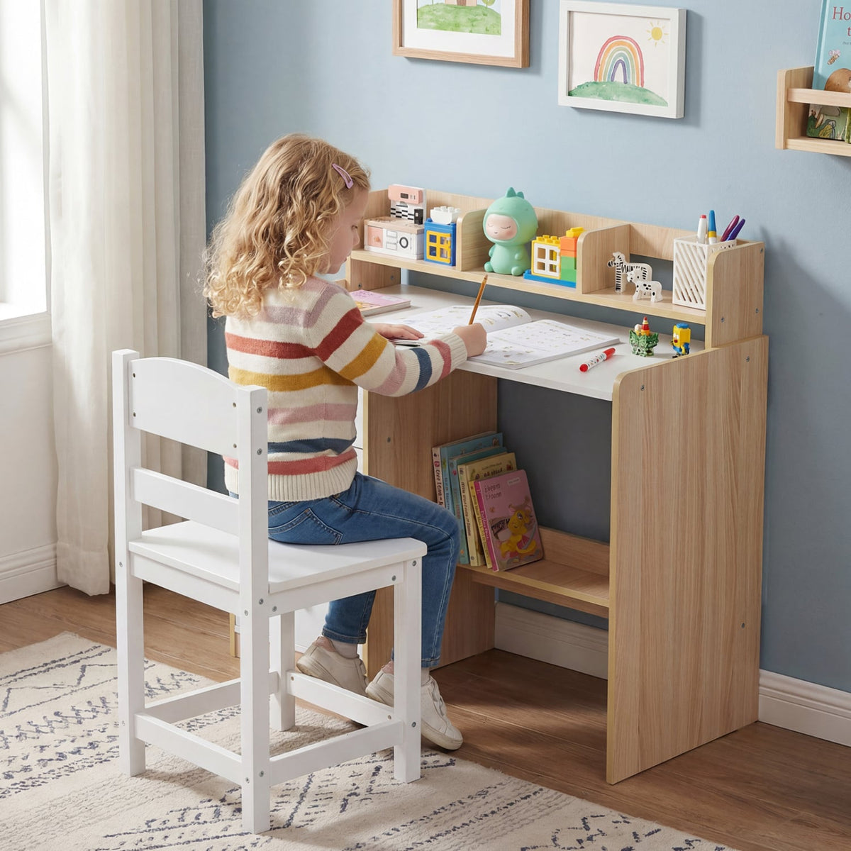Kids Study Desk and Chair Set Wooden Children Writing Desk with Hutch and Storage Shelf for Arts-Natural-Kids Tables & Chair Sets-DECOROLALA