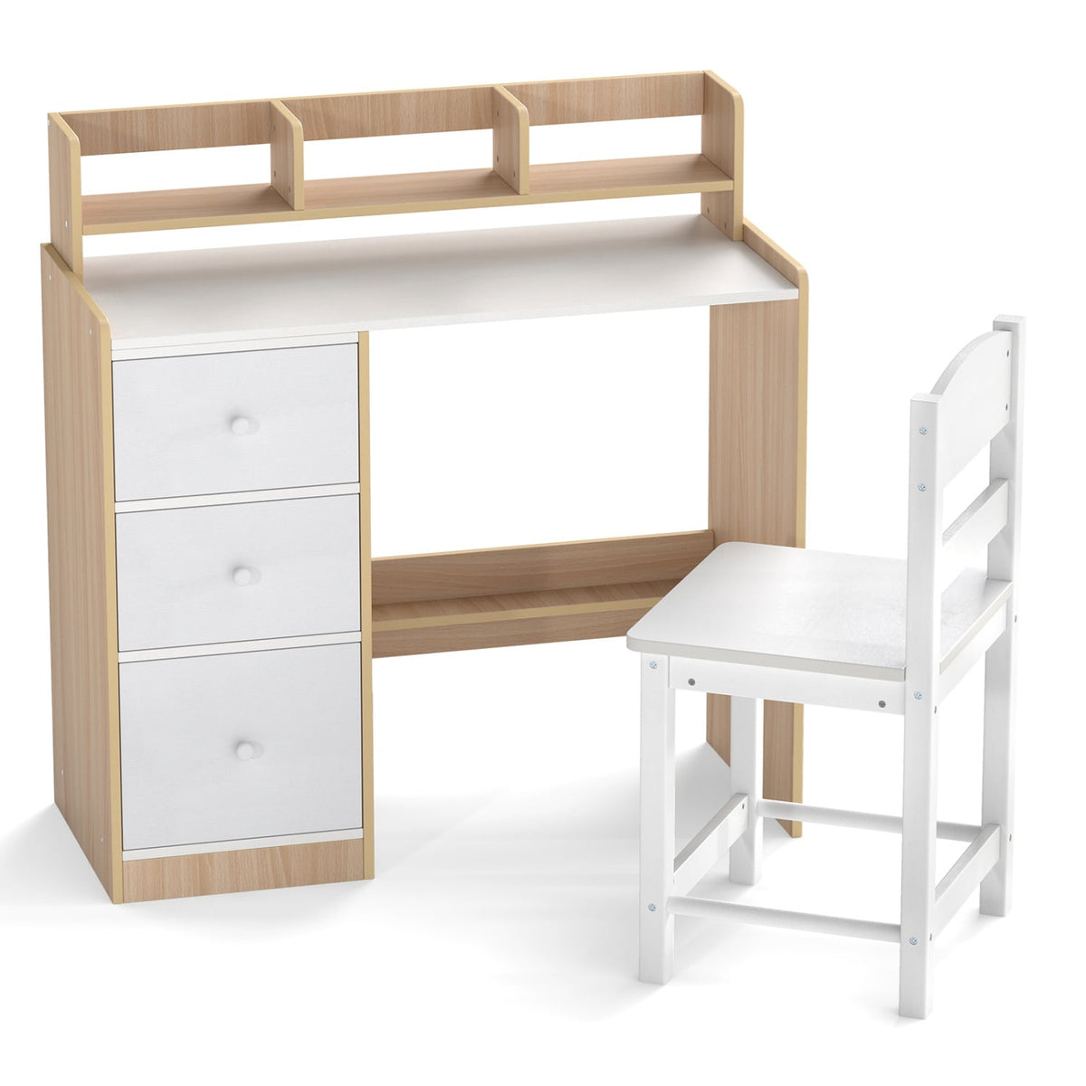 Kids Study Desk and Chair Set Wooden Children Writing Desk with Hutch and Storage Shelf for Arts-Natural-Kids Tables & Chair Sets-DECOROLALA