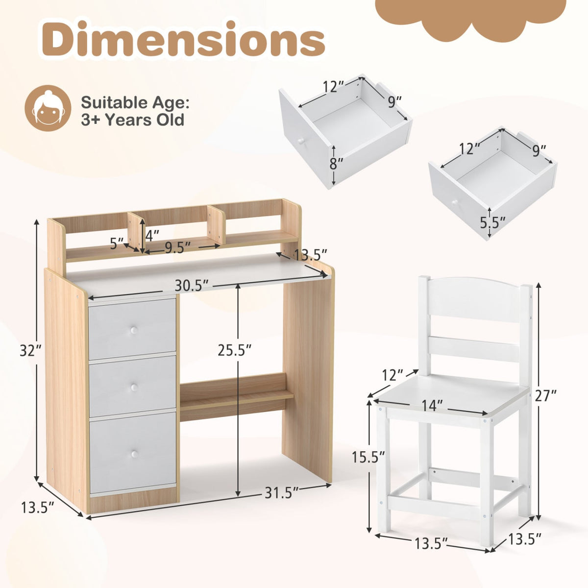 Kids Study Desk and Chair Set Wooden Children Writing Desk with Hutch and Storage Shelf for Arts-Natural-Kids Tables & Chair Sets-DECOROLALA