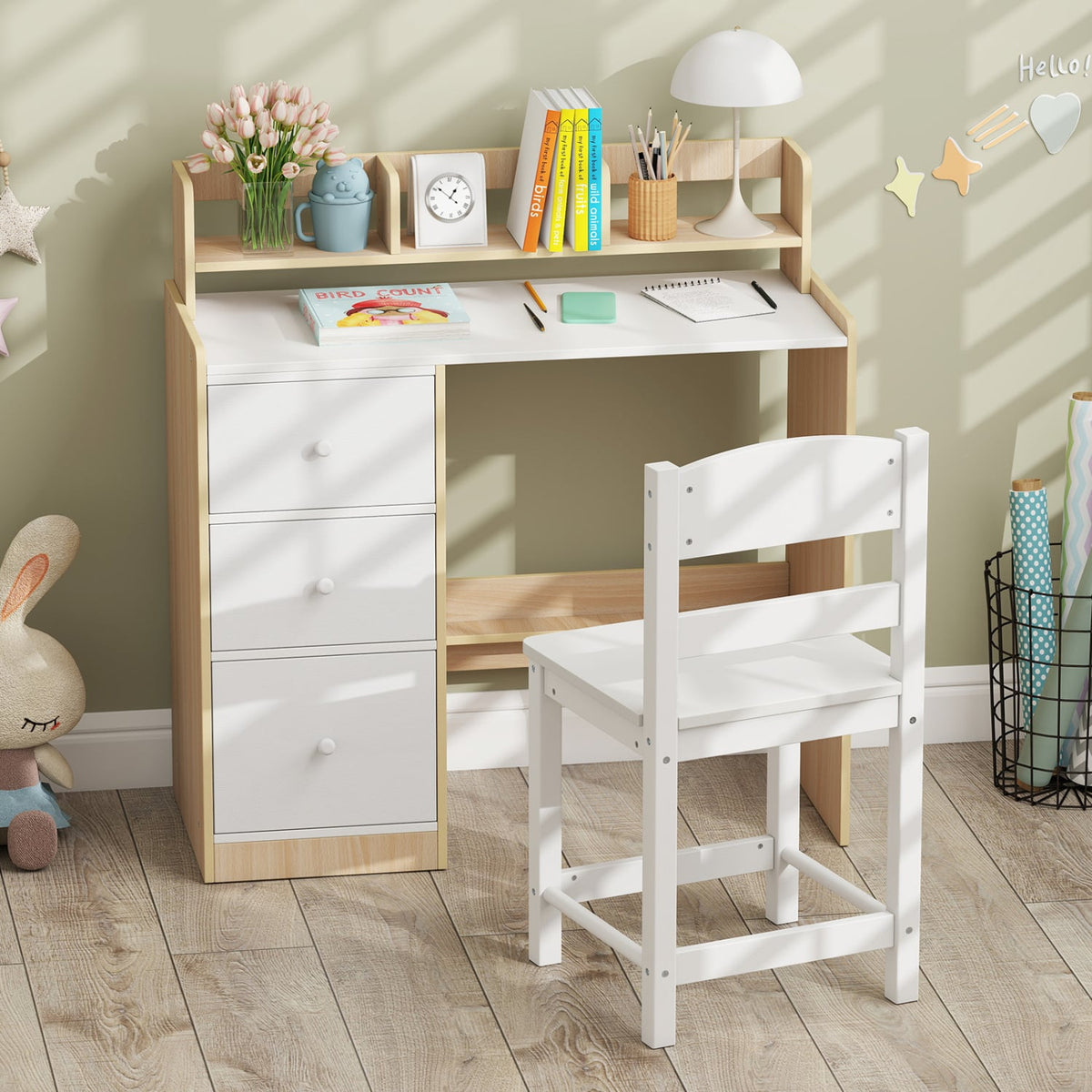 Kids Study Desk and Chair Set Wooden Children Writing Desk with Hutch and Storage Shelf for Arts-Natural-Kids Tables & Chair Sets-DECOROLALA