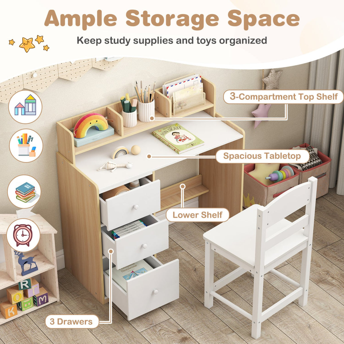 Kids Study Desk and Chair Set Wooden Children Writing Desk with Hutch and Storage Shelf for Arts-Natural-Kids Tables & Chair Sets-DECOROLALA