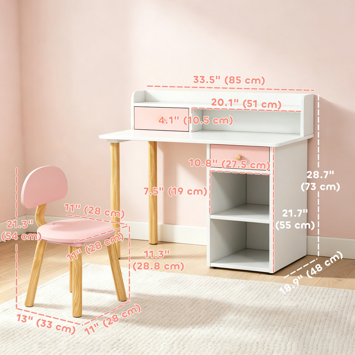 Kids Study Table and Chair Set with Storage - MDF-Toys & Games > Toddler & Kids Furniture > Kids Desk Sets-DECOROLALA
