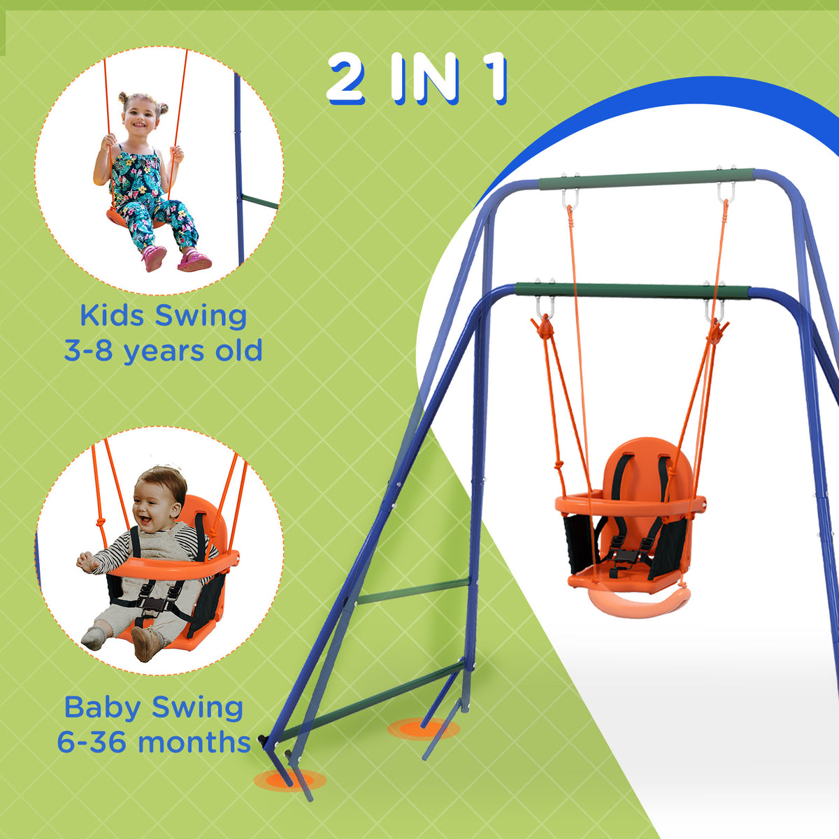 Kid Swing Set with Safety Harness for Baby, Kids 6 Months+, Heavy Duty Swing Set for Indoor/Outdoor, Backyard, Orange-Toys & Games > Kids Outdoor Play > Gym Sets & Swings-DECOROLALA