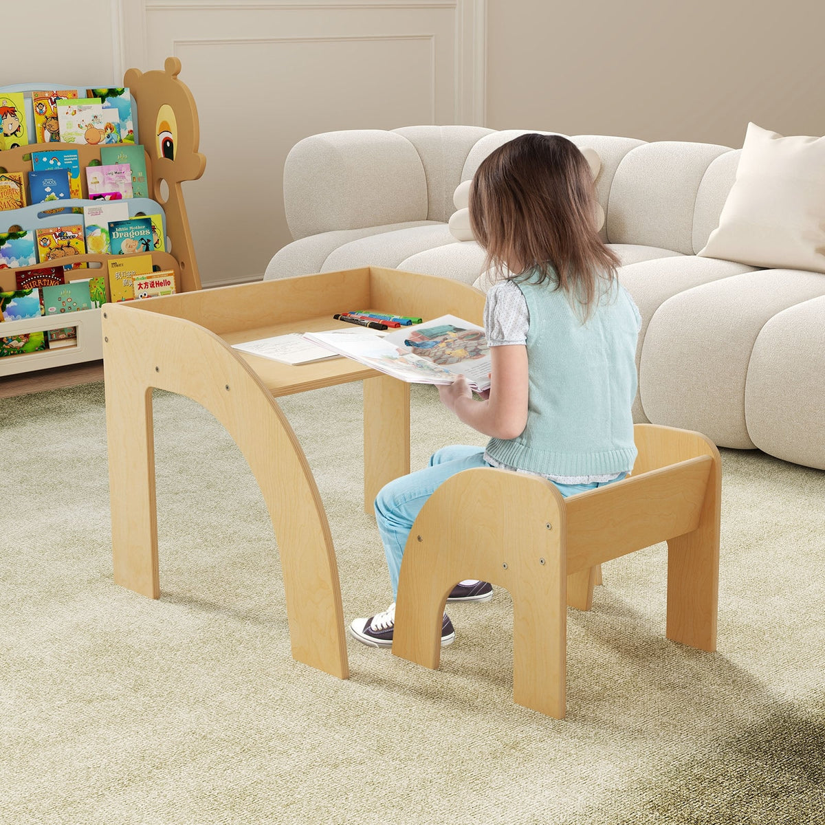 Kids Table and Chair Set with Wide Tabletop and Curved Edges for Kids Room-Natural-Kids Tables & Chair Sets-DECOROLALA