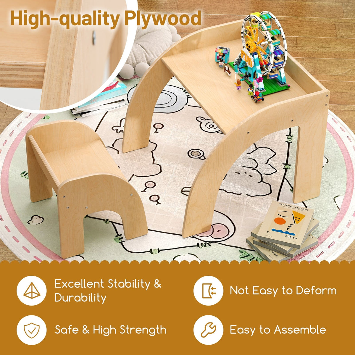 Kids Table and Chair Set with Wide Tabletop and Curved Edges for Kids Room-Natural-Kids Tables & Chair Sets-DECOROLALA
