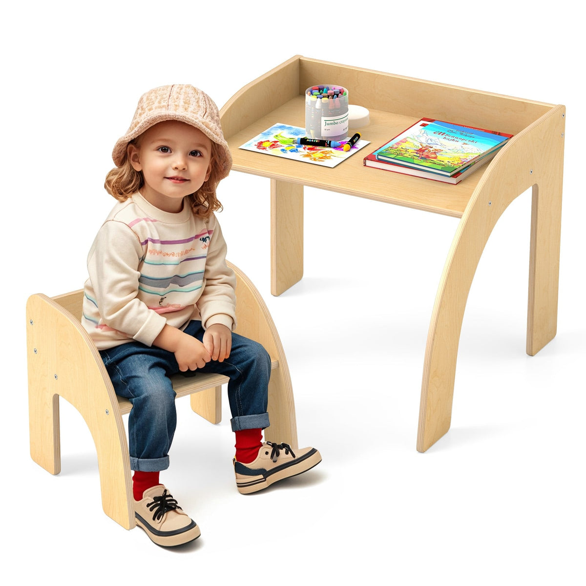 Kids Table and Chair Set with Wide Tabletop and Curved Edges for Kids Room-Natural-Kids Tables & Chair Sets-DECOROLALA