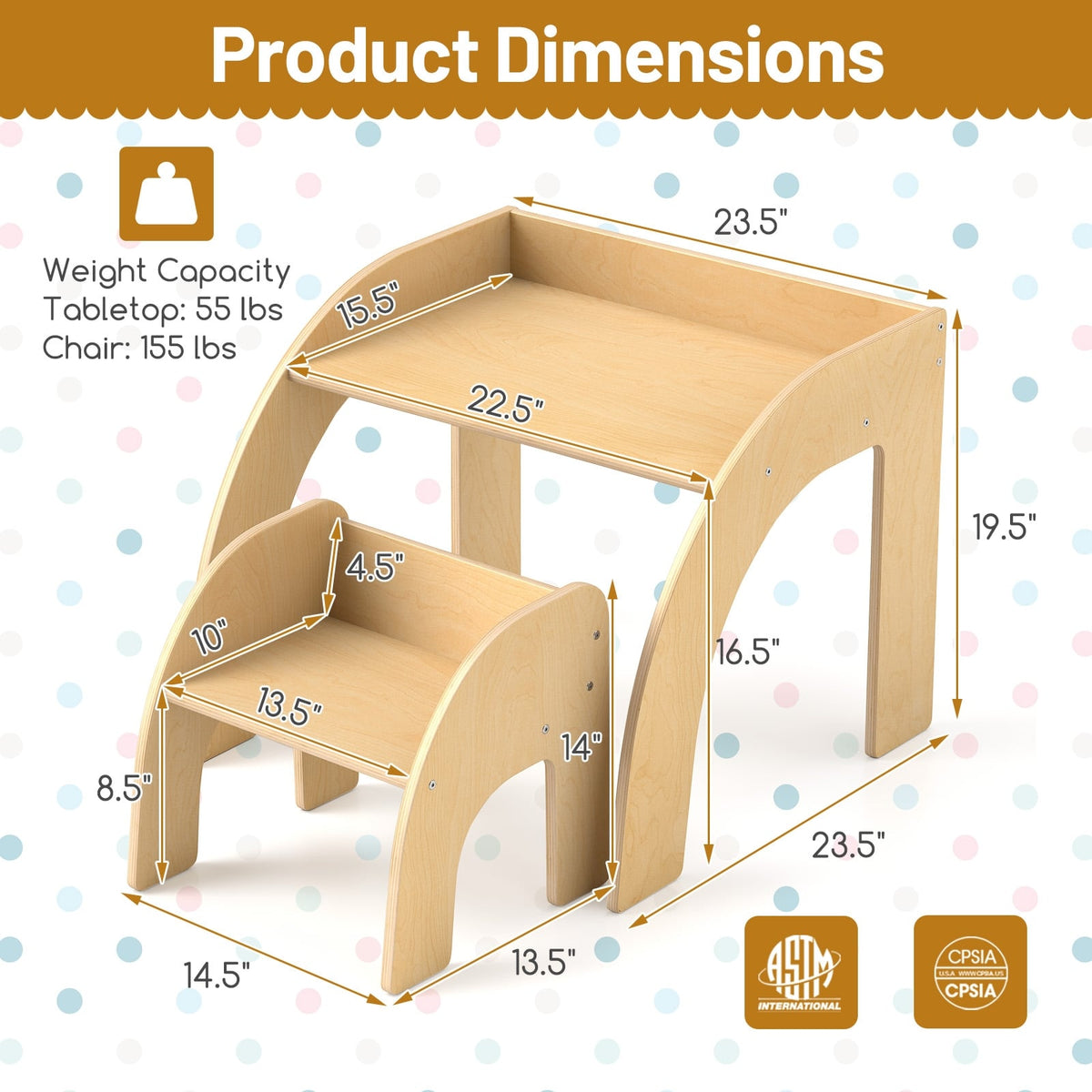 Kids Table and Chair Set with Wide Tabletop and Curved Edges for Kids Room-Natural-Kids Tables & Chair Sets-DECOROLALA