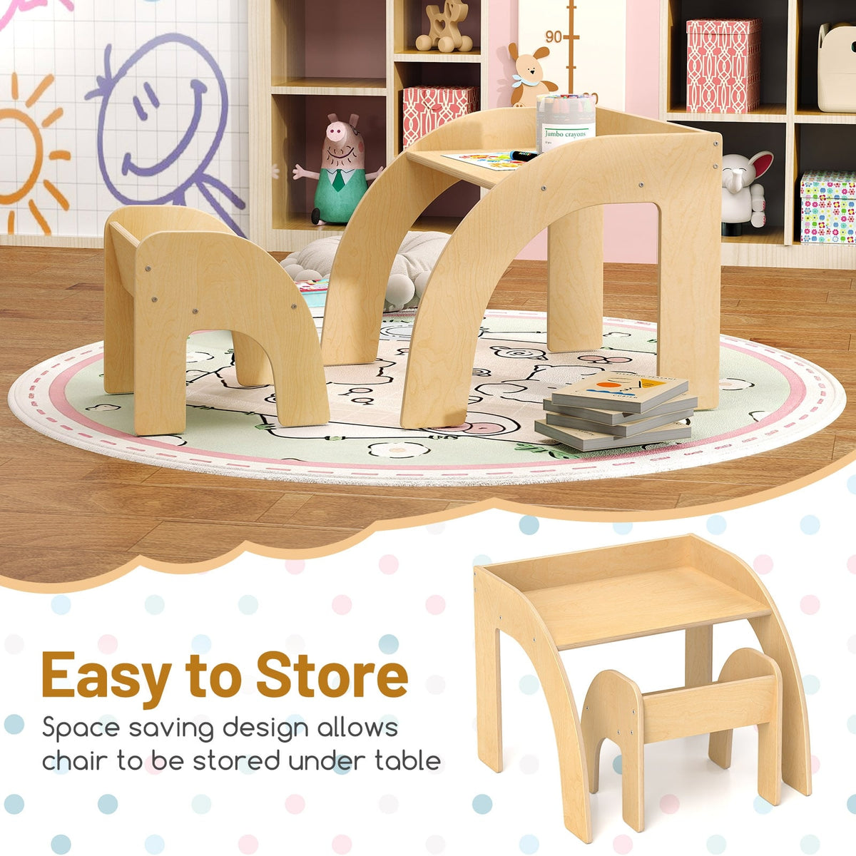 Kids Table and Chair Set with Wide Tabletop and Curved Edges for Kids Room-Natural-Kids Tables & Chair Sets-DECOROLALA