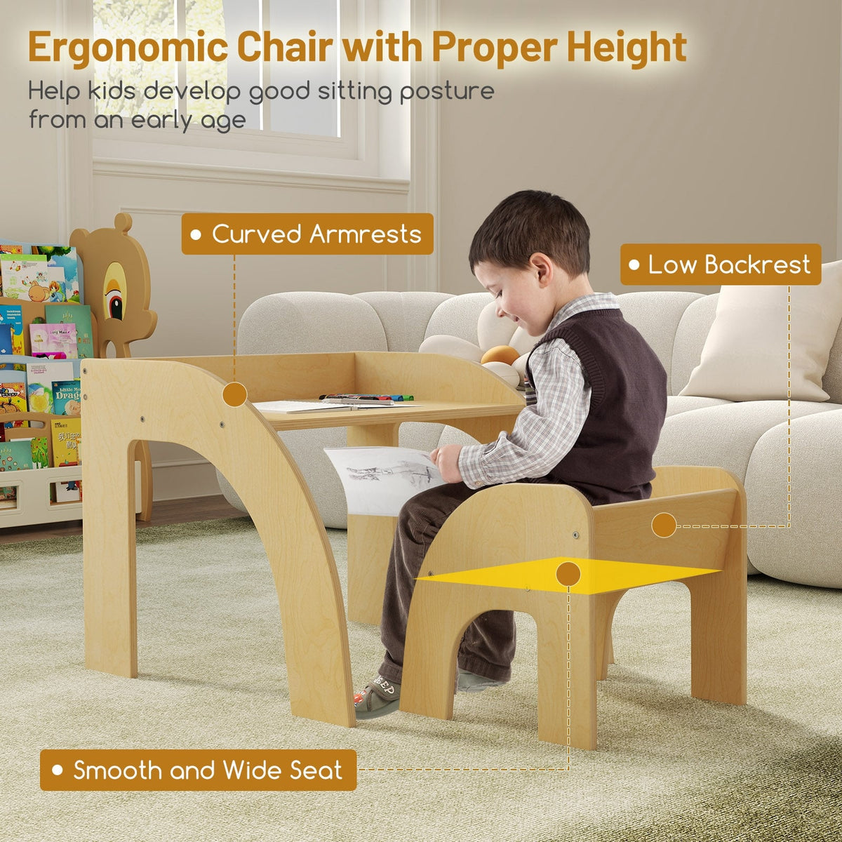 Kids Table and Chair Set with Wide Tabletop and Curved Edges for Kids Room-Natural-Kids Tables & Chair Sets-DECOROLALA