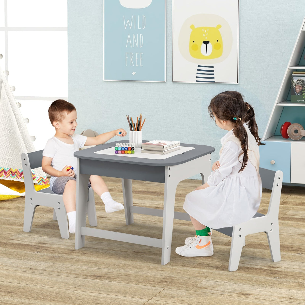 Kid's Table and Chairs Set with Double-sized Tabletop-Gray-Kids Tables & Chair Sets-DECOROLALA