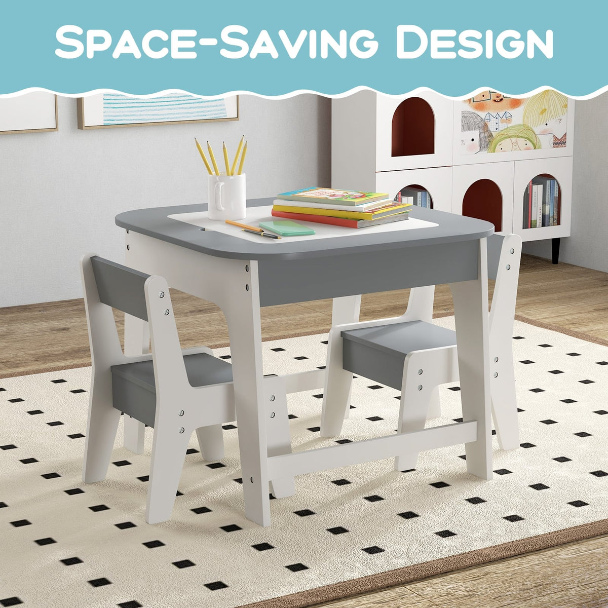 Kid's Table and Chairs Set with Double-sized Tabletop-Gray-Kids Tables & Chair Sets-DECOROLALA