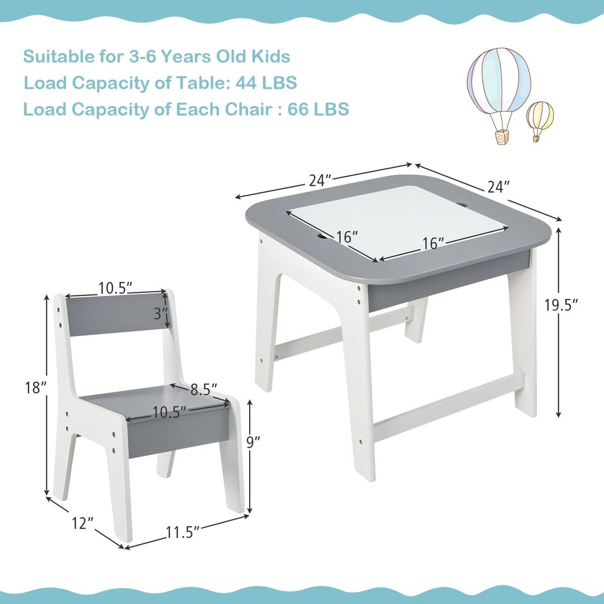 Kid's Table and Chairs Set with Double-sized Tabletop-Gray-Kids Tables & Chair Sets-DECOROLALA