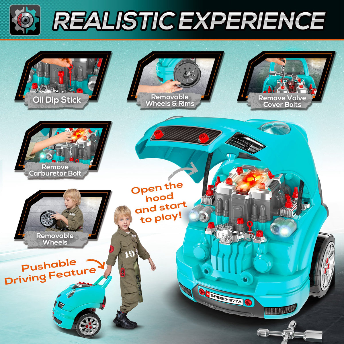 Mechanic Kids Truck Engine Toy Set, Car Service Play Set, Teal-Toys & Games > Baby & Toddler Toys > Toy Playsets > Workbench Toy Sets-DECOROLALA