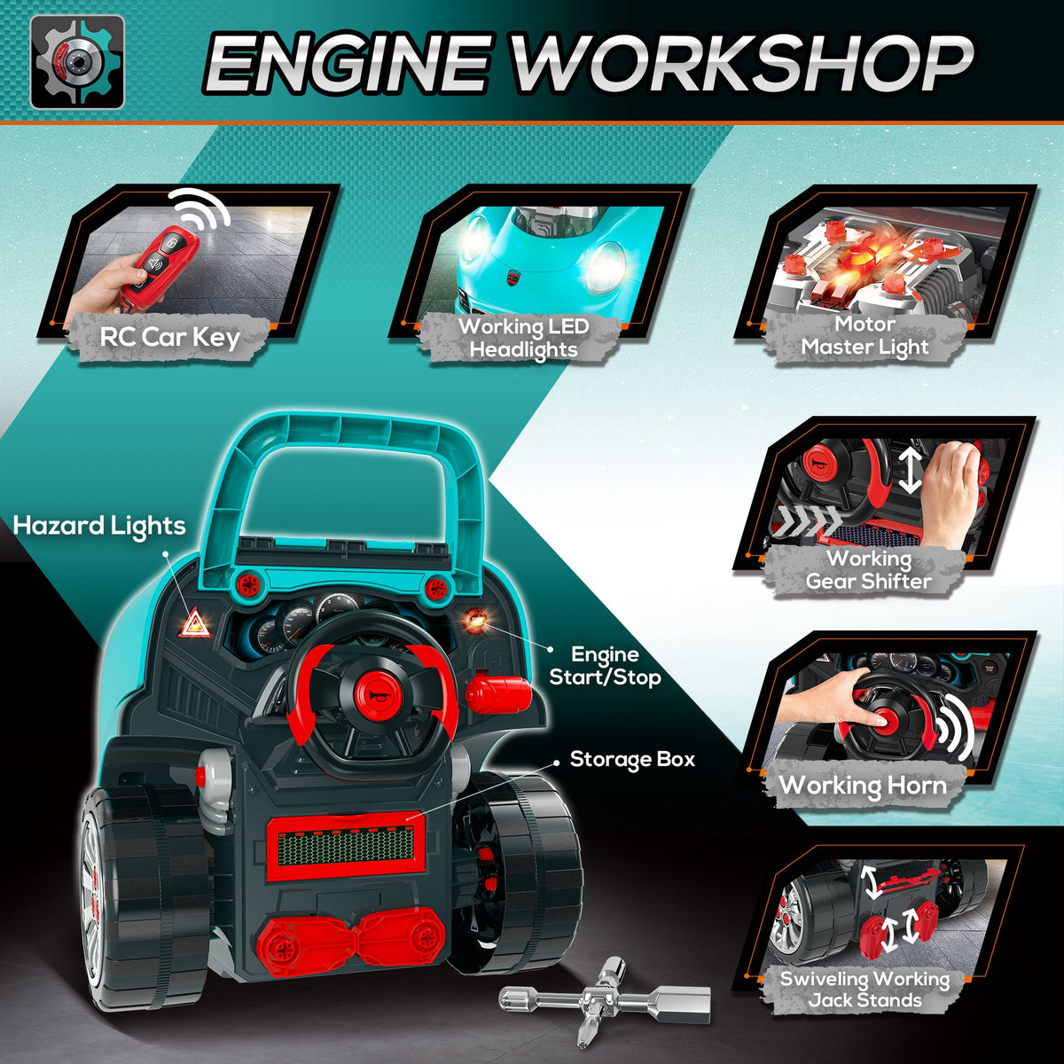 Mechanic Kids Truck Engine Toy Set, Car Service Play Set, Teal-Toys & Games > Baby & Toddler Toys > Toy Playsets > Workbench Toy Sets-DECOROLALA
