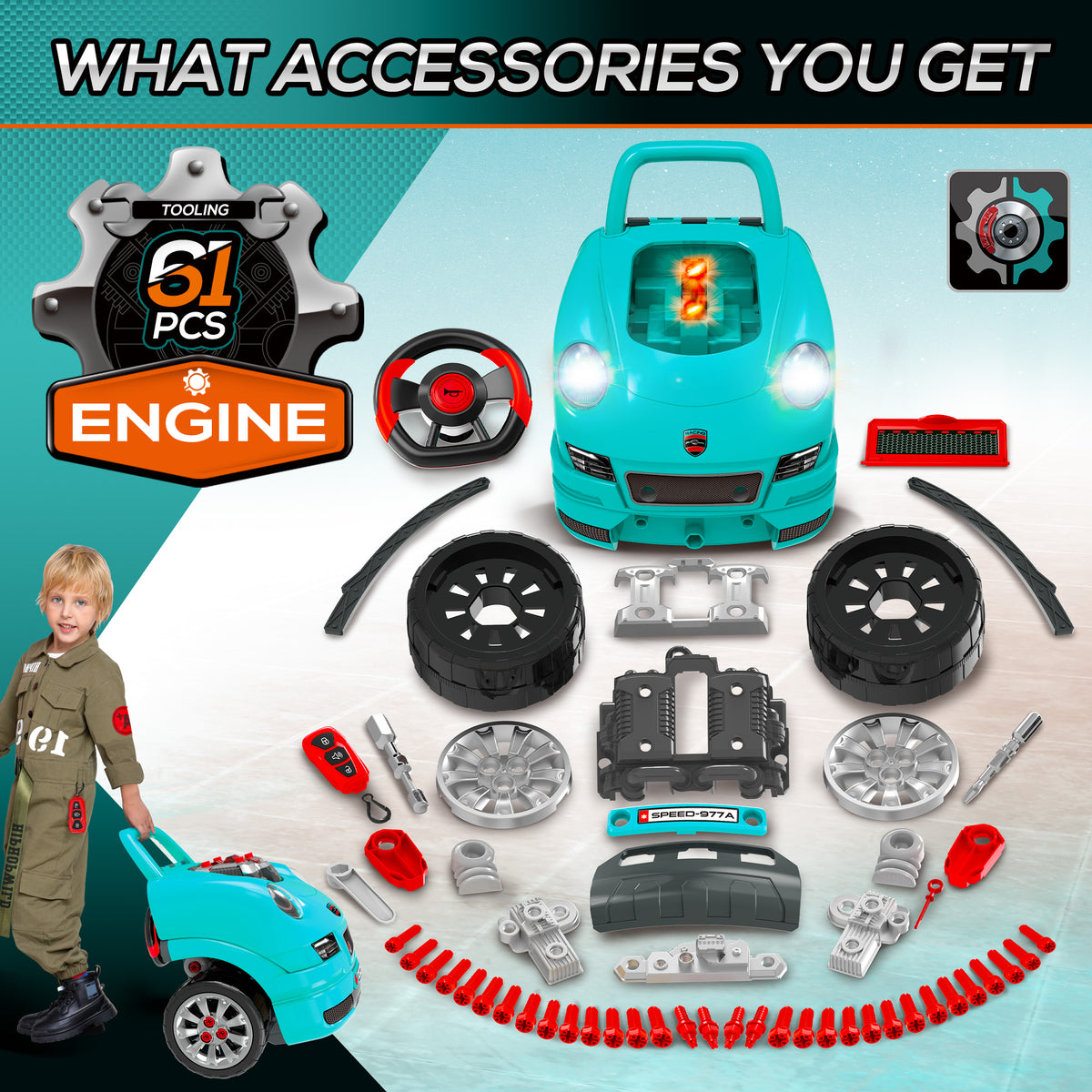 Mechanic Kids Truck Engine Toy Set, Car Service Play Set, Teal-Toys & Games > Baby & Toddler Toys > Toy Playsets > Workbench Toy Sets-DECOROLALA