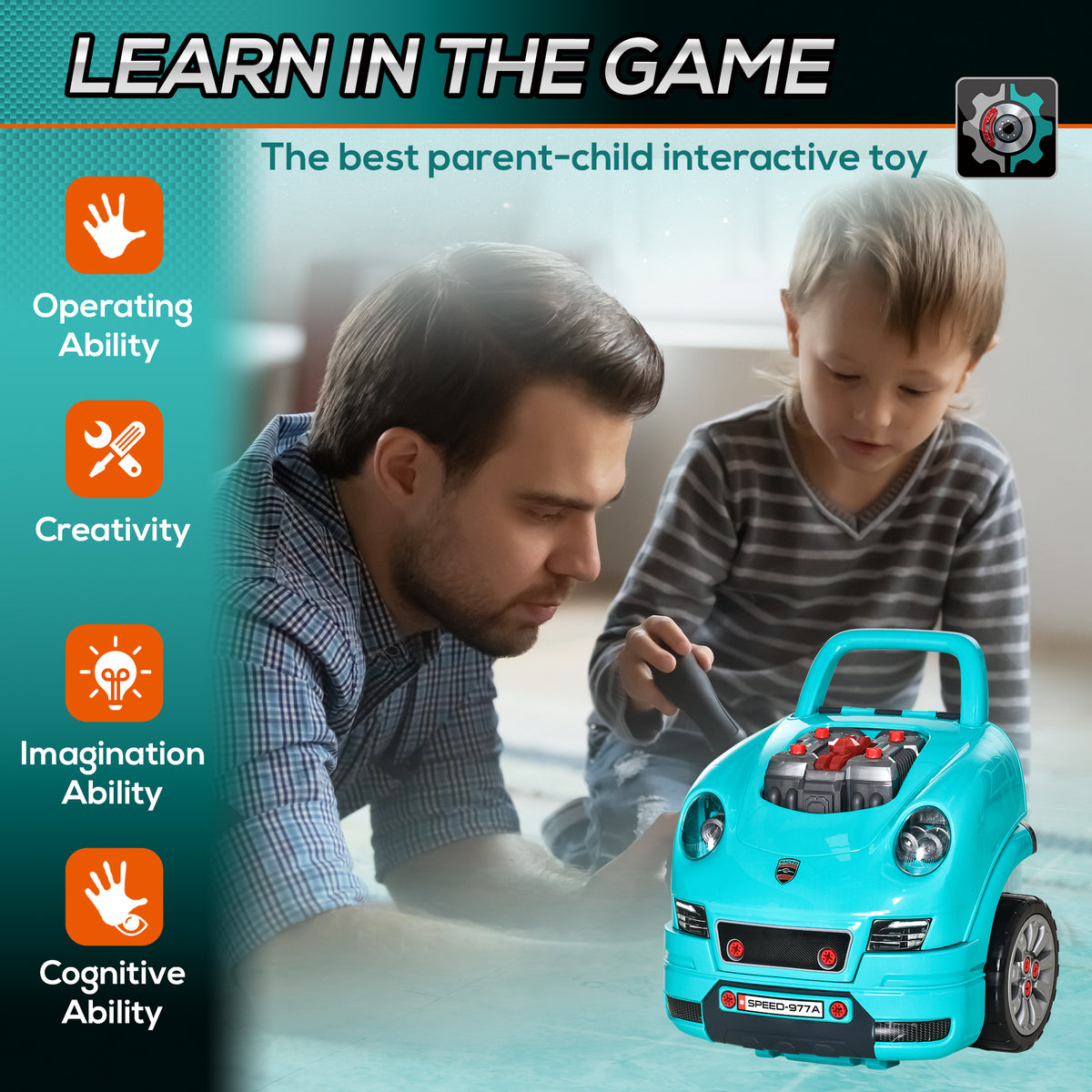 Mechanic Kids Truck Engine Toy Set, Car Service Play Set, Teal-Toys & Games > Baby & Toddler Toys > Toy Playsets > Workbench Toy Sets-DECOROLALA